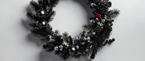 elegent black accent christmas wreath on plain white background for banner copy space