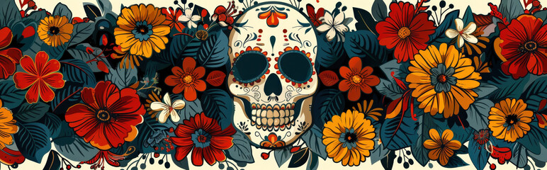 Wall Mural - minimalist, abstract faces of calaveras with floral motifs, using simple lines and shapes to convey the traditional aesthetic