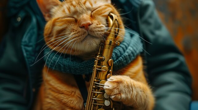 A orange cat playing saxophone isolated on green background