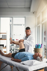 Poster - Physiotherapy, leg pain and man with elderly patient for orthopedic care, consulting and wellness. Chiropractor, healthcare and physical therapist with person for rehabilitation, support and healing