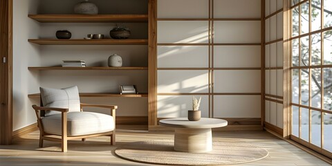 Wall Mural - Creating a Simple Japandi Living Room with Wooden Shelves, Armchair, and Coffee Table. Concept Japandi Style, Cozy Armchair, Wooden Shelves, Coffee Table, Minimalist Decor