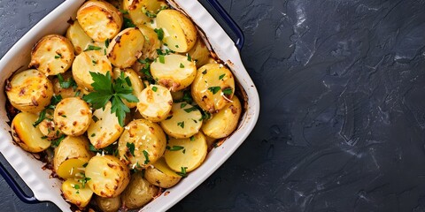 Wall Mural - Baked casserole with Potatoes and Parmesan Cheese. Concept Cheesy Potato Casserole, Homemade Baked Dish, Comfort Food Recipe