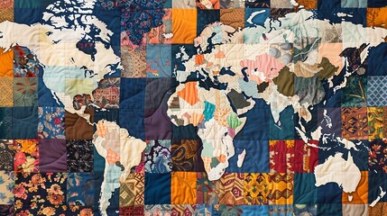 Canvas Print - A world map quilt, with each patch representing a different country and its unique cultural patterns