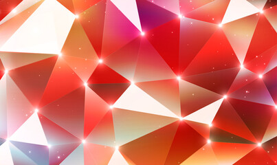 Poster - 3d red polygonal background with dots and lines. 3d crystal glass crystals illuminated by fantastic 