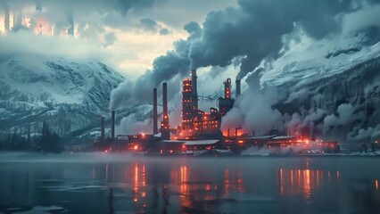 Wall Mural - A factory complex belches smoke into the frigid air, nestled in a snow-capped mountain range.