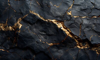 Wall Mural - black rock with golden cracks and fissures running through it. the contrast between the dark background of the rock and the shimmering gold accents of the cracks