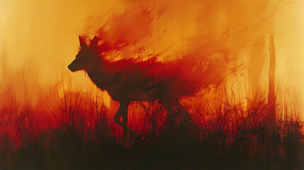  Wolf Silhouette in Fiery Sunset Illustration