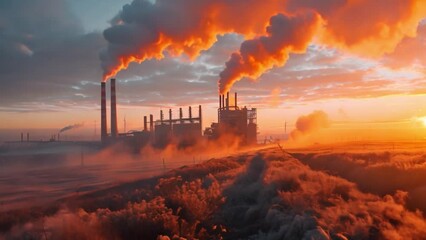 Wall Mural - A large industrial factory with smokestacks releases plumes of smoke against a backdrop of a vibrant sunset. A grassy hill and fog add to the scene.