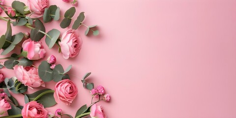 Wall Mural - Pink flowers and eucalyptus arranged in a flat lay on a pink background for special occasions. Concept Flat Lay Photography, Pink Flowers, Eucalyptus, Special Occasions, Pink Background