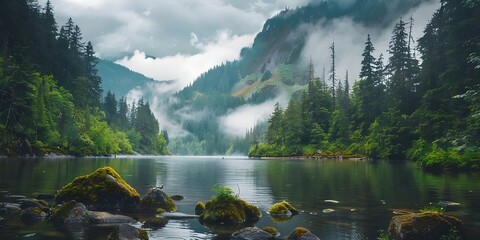 Wall Mural - Tranquil Mountain Lake with Moss-Covered Rocks, Cascading Water, and Lush Forest. Concept Mountain Lake, Moss-Covered Rocks, Cascading Water, Lush Forest, Tranquil Setting