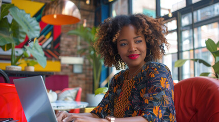 Fototapete - A stylish woman working on her laptop in a colorful, creative workspace.