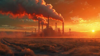 Wall Mural - A large industrial plant with tall smoke stacks emits plumes of smoke against a fiery sunset in a vast, arid desert.