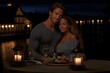 © Matvejs - Couple enjoying romantic candlelit dinner with wine in a cozy restaurant setting