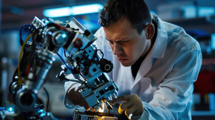 Poster - High-Tech Robotics Engineer Assembling Advanced Robot in Laboratory