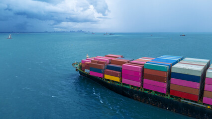 Side view Cargo container ship carrying container and running in the ocean near international container port customs shipyard sea port concept smart logistic service. transportation logistics trading