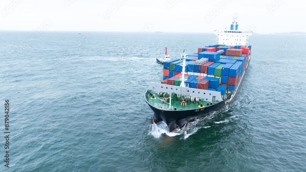 Container Is Running Front of Cargo container ship carrying container and running in the ...