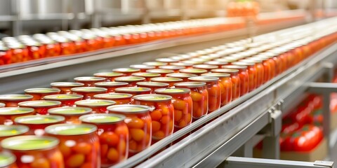 Wall Mural - Enhanced production of canned goods and snacks through efficient automation in food processing plants. Concept Food Processing Automation, Canned Goods Efficiency, Snack Production Enhancement