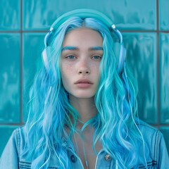 Portrait of beautiful young woman with long blue hair wearing headphones and listening to music