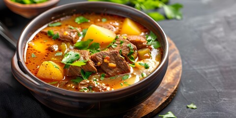 Wall Mural - Traditional Venezuelan Sancocho Soup with Beef, Potatoes, Cassava, and Vegetables. Concept Traditional Recipe, Venezuelan Cuisine, Beef Soup, Cassava Dish, South American Food