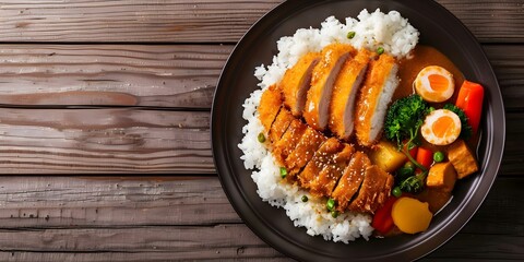 Poster - Authentic Japanese meal featuring katsu curry rice and vegetables. Concept Japanese cuisine, Katsu curry, Authentic meal, Rice dish, Vegetables