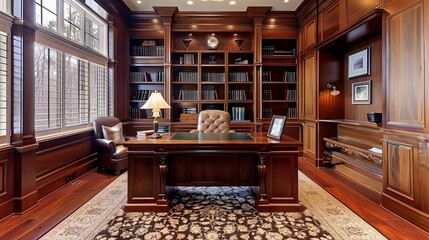 Poster - An elegant home office space in a luxury home, with built-in bookshelves and a large desk