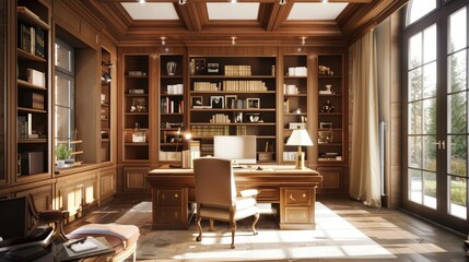 Sticker - An elegant home office space in a luxury home, with built-in bookshelves and a large desk