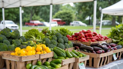 A vibrant farmers' market with an array of colorful, fresh produce and handcrafted items, showcasing local artisans and their unique products