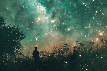 Wall Mural - A person is standing in a field of grass, looking up at the stars