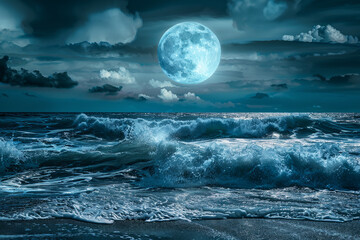 A large blue moon is shining on the ocean