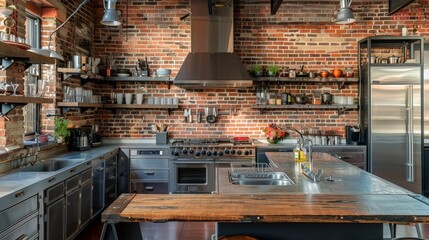 Poster - An industrial-style kitchen with exposed brick walls, metal shelving, and reclaimed wood countertops, giving it a unique and edgy feel.