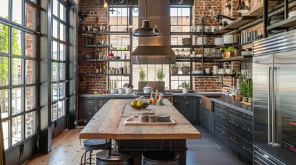 Poster - An industrial-style kitchen with exposed brick walls, metal shelving, and reclaimed wood countertops, giving it a unique and edgy feel.