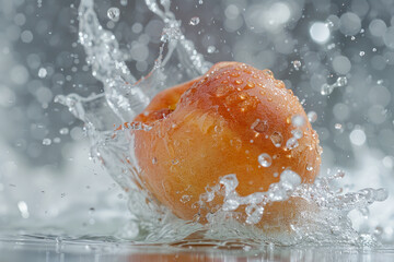 Wall Mural - A peach is falling into a pool of water