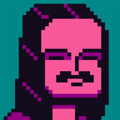 Pixel art man, male character 8-bit, 80-s, avatar, guy face with mustache, cartoon vector icon, game user, web profile persons, people, social net portrait.