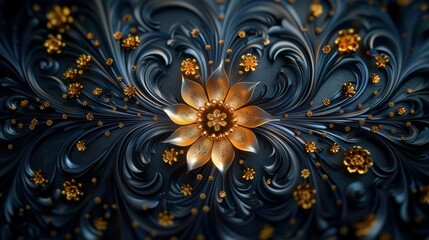 Aufkleber - A gold flower is the main focus of this image, surrounded by a black background. The flower is surrounded by many other gold flowers, creating a sense of abundance and luxury. Scene is one of opulence