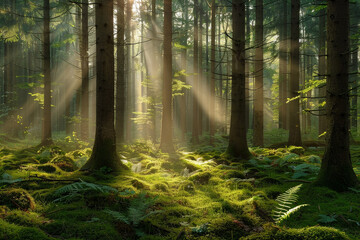 Wall Mural - The forest is full of trees and the sunlight is shining through the leaves