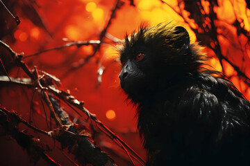 Poster - Black Monkey Portrait in Red and Orange Backgroud