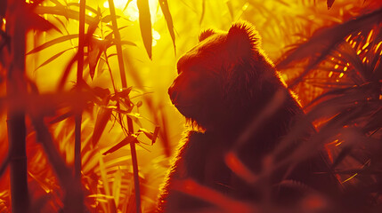 Poster - Bear Silhouette in Golden Bamboo Forest Illustration