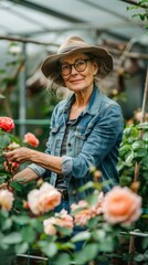 Poster - A woman in a hat and glasses tending to roses. AI.