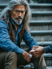 Canvas Print - A man with long grey hair sitting on steps next to a person. AI.