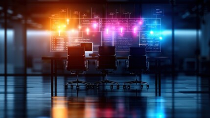 Aufkleber - A computer monitor displays a colorful cityscape with a few chairs in the background. The chairs are arranged in a row, and there are three of them. The scene is set in a room with a desk and a window