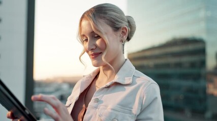 Wall Mural - Woman, tablet and happy on rooftop in city for planning, online research with website for corporate report. Female person, urban and glasses with ebook for project with networking, reading with smile