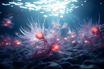 Poster - Glowing Underwater Bioluminescent Flowers 3D Illustration