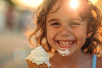 Wall Mural - A young girl is smiling and holding a vanilla ice cream cone