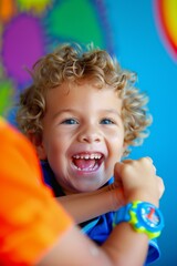 Wall Mural - Laughing boy with curly blond hair. AI.