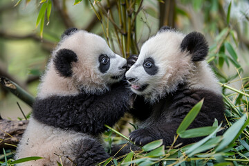 Wall Mural - Two baby pandas are playing together in a lush green forest