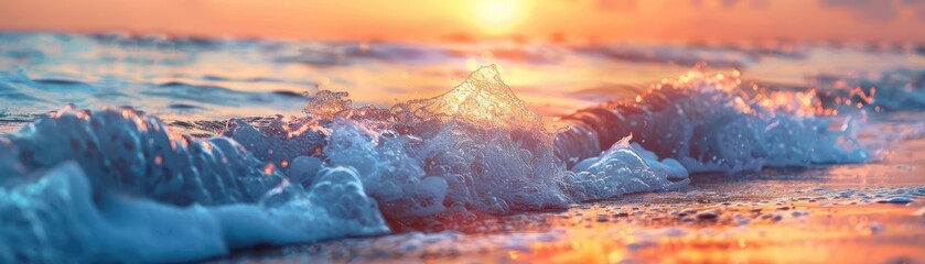 Wall Mural - Ocean Waves Crashing on a Sandy Beach at Sunset