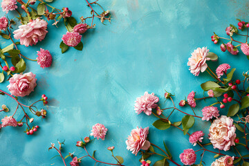 Poster - Flat lay, top view of pink roses and chrysanthemums on a pastel blue background with space for text. Pattern, frame or border design in the style of Spring concept. 