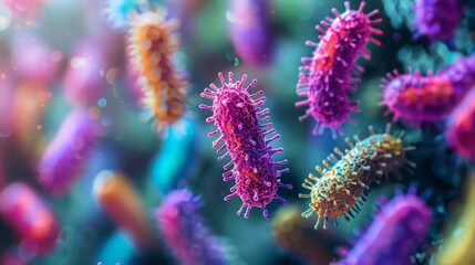 Poster - An illustration of microscopic bacteria, highlighting the diverse shapes and structures of these single-celled organisms.