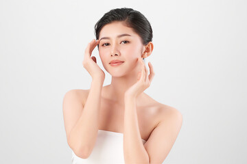 Wall Mural - Beautiful young asian woman with clean fresh skin on white background, Face care, Facial treatment, Cosmetology, beauty and spa, Asian women portrait.