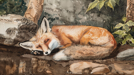 Wall Mural - A fox is sleeping on a rock